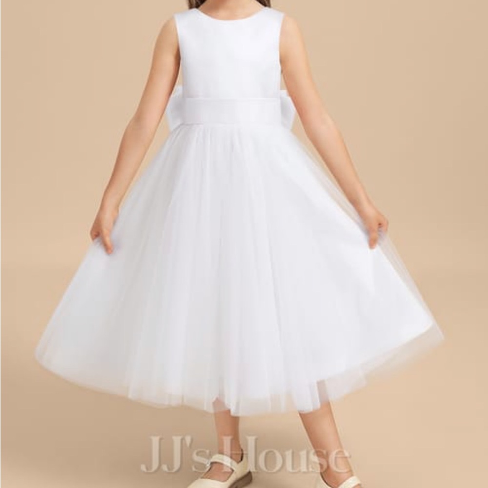 JJs House | A-line Scoop Tea-Length Tulle Satin Flower Girl Dress With Sash Bow